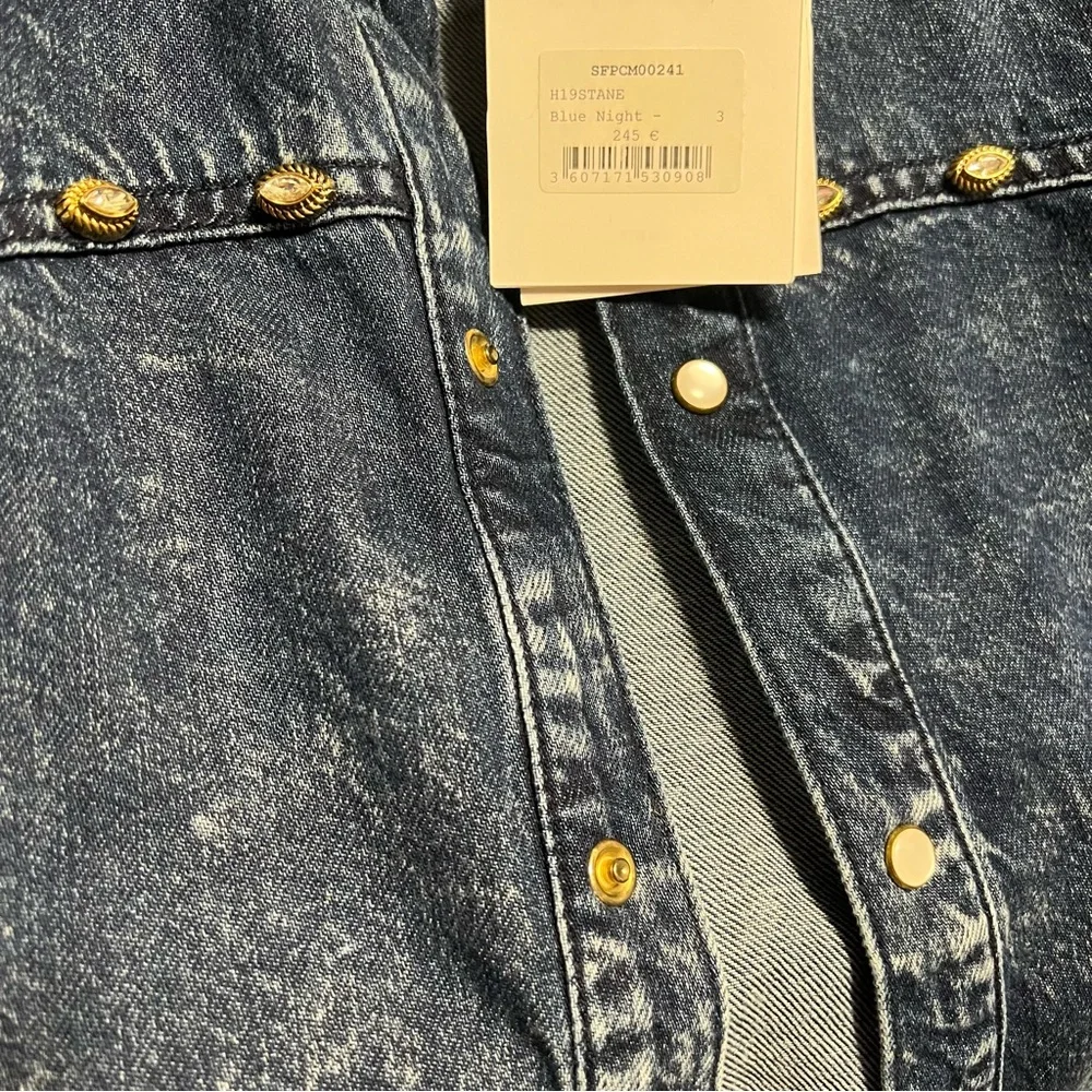 NWT Sandro Stane Denim Rhinestone Pearl Shirt Midnight Blue Western Jacket US 8 - Picture 14 of 16